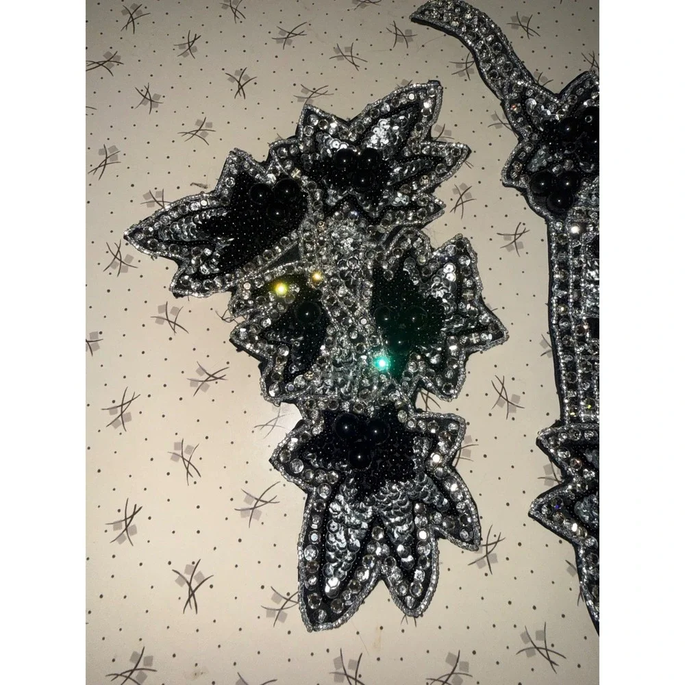 Vintage Black Silver Beaded‎ Sequin Floral Applique Patch Set Rhinestone 2 Piece